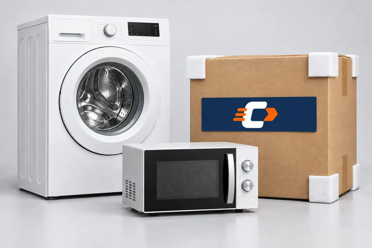Lavadora y microondas junto a una caja con protecciones