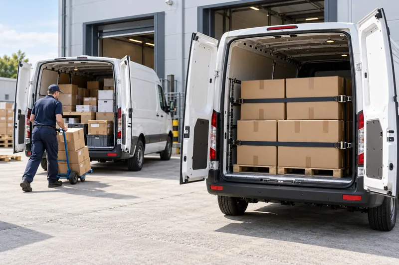 Escena ilustrativa de dos furgonetas con lotes de cajas preparados para transporte empresarial