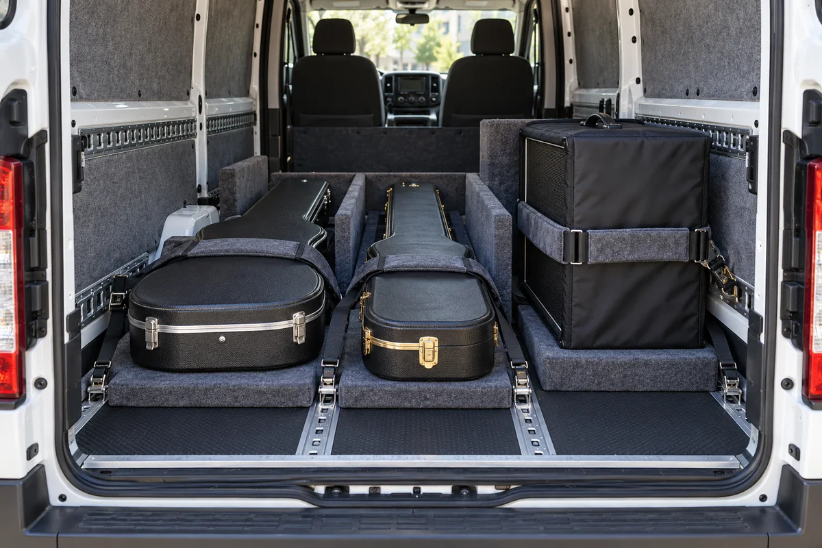 Estuches de guitarra y bajo cerrados y amplificador protegido en el interior de una furgoneta