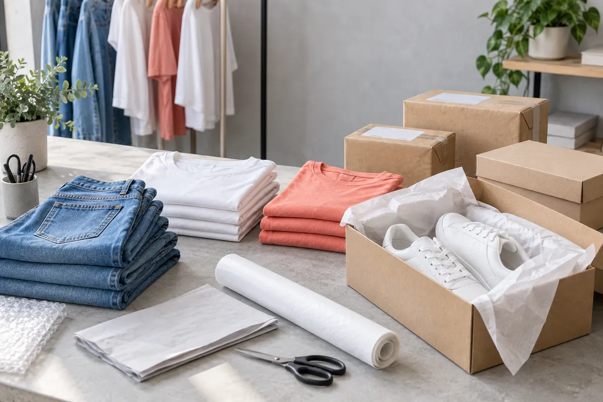 Prendas dobladas, cajas de zapatos y paquetes preparados para enviar a tiendas de moda
