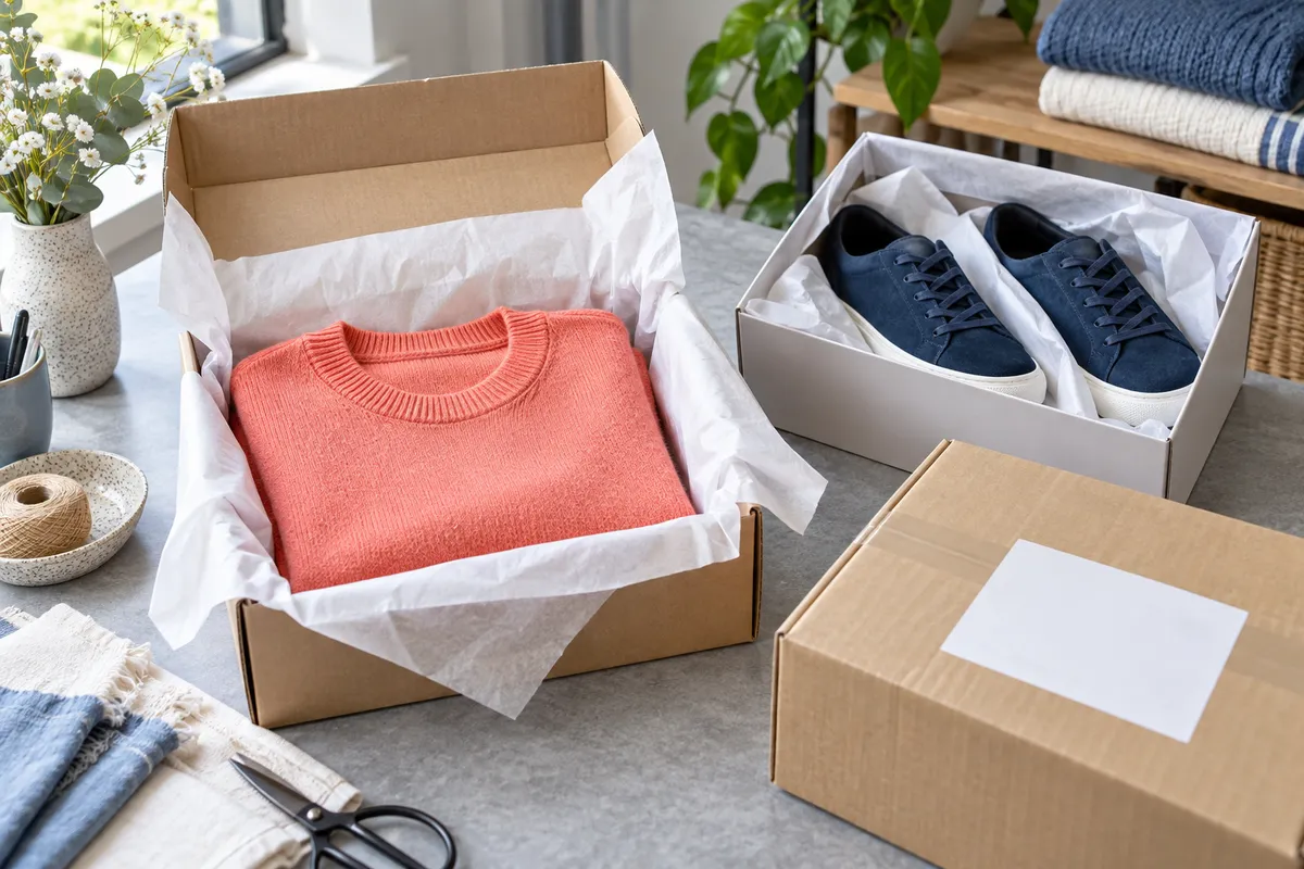 Jersey y calzado protegidos con papel de seda en cajas para pedidos de moda
