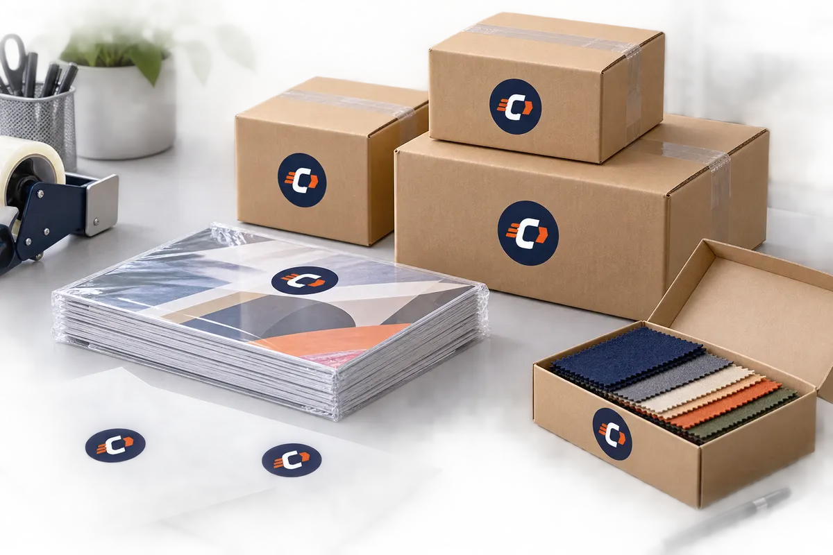 Cajas con catálogos, muestras y documentación comercial