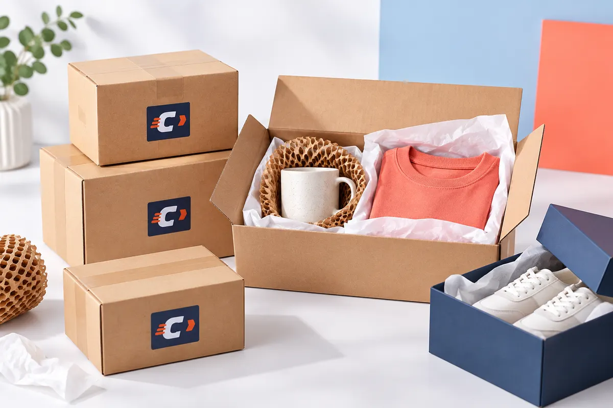 Cajas de pedidos, ropa, calzado y una taza protegida para reparto comercial
