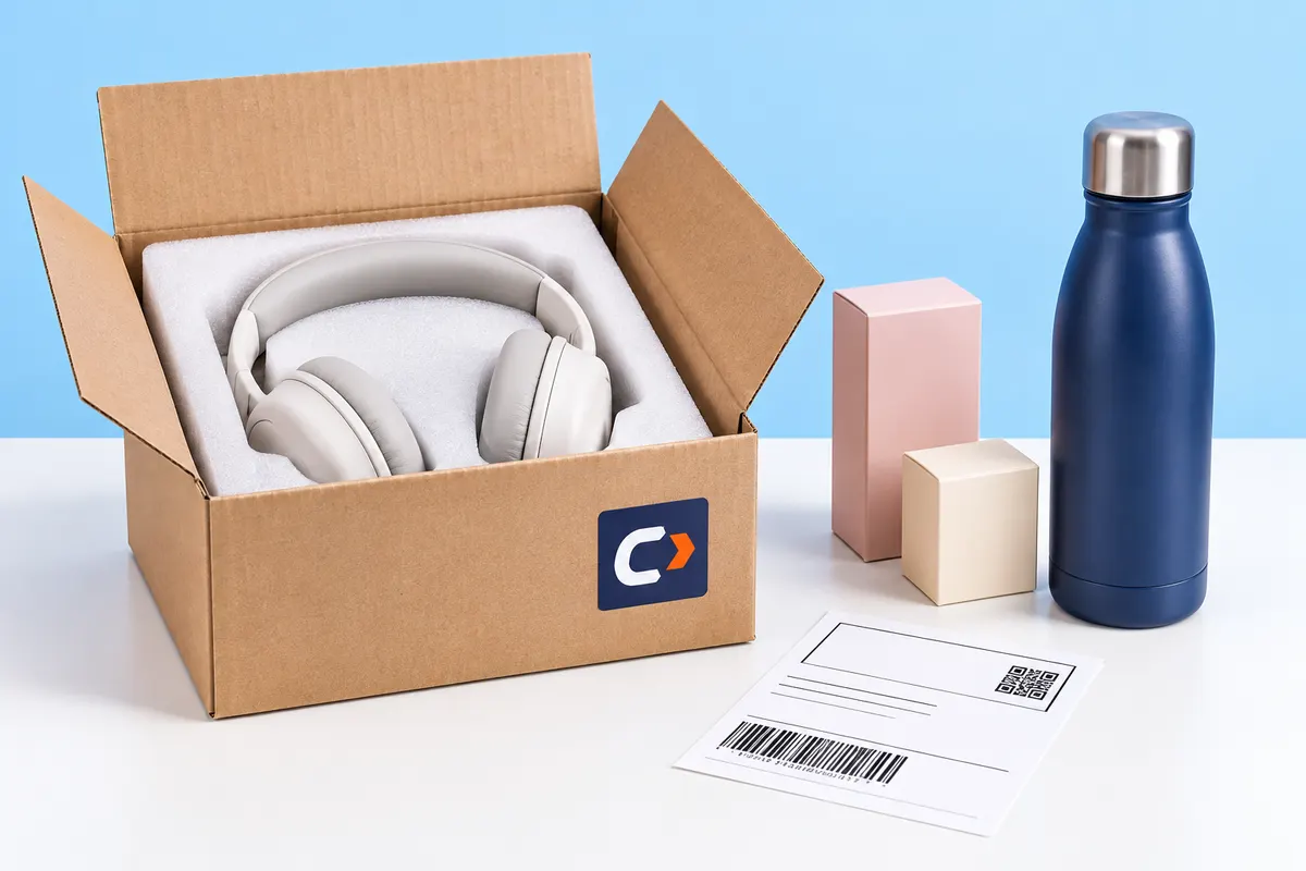 Auriculares, botella y pequeños productos preparados para envío