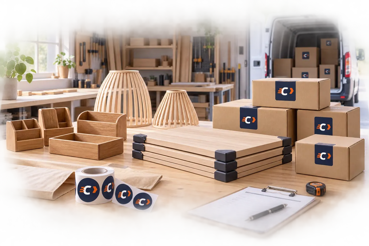 Productos de madera y cajas preparados para salir del taller