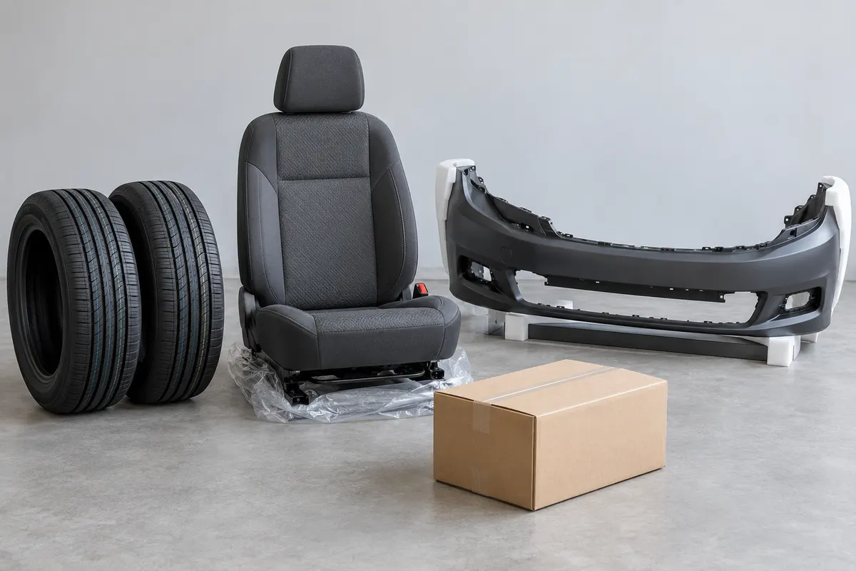 Neumáticos, asiento de coche y paragolpes protegidos junto a una caja de recambios