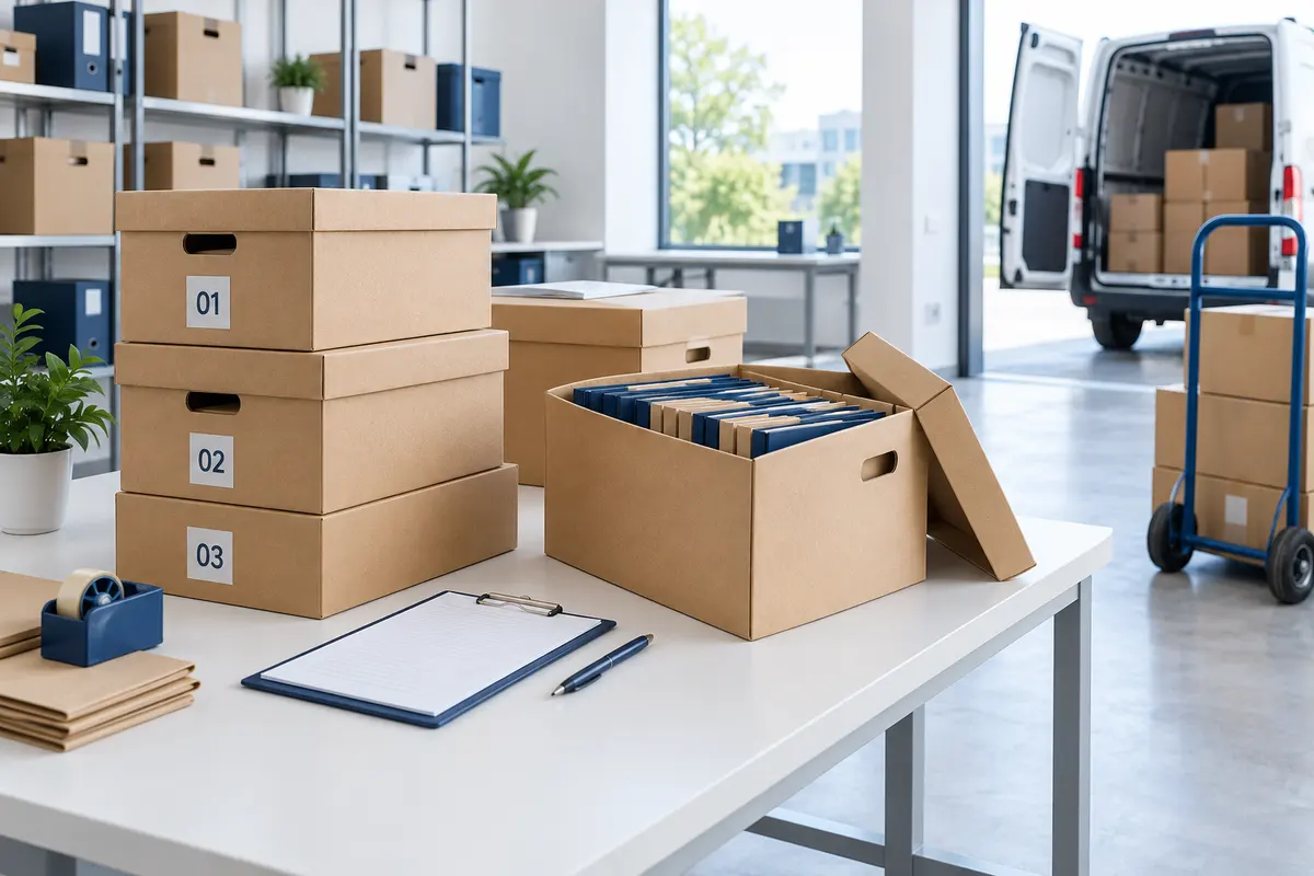 Cajas de archivo numeradas y carpetas para trasladar documentación de oficina