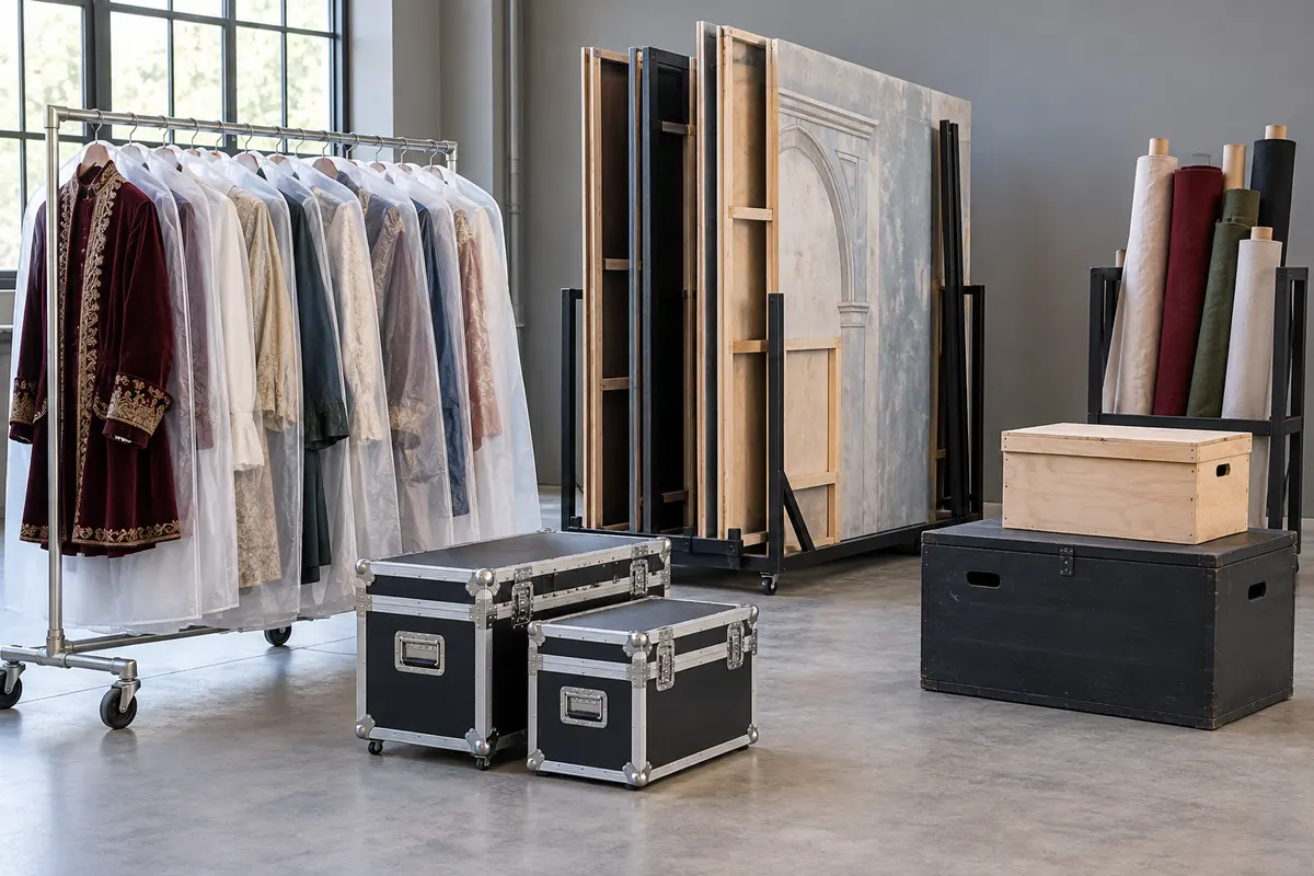 Vestuario con fundas, cajas de atrezo y paneles desmontables